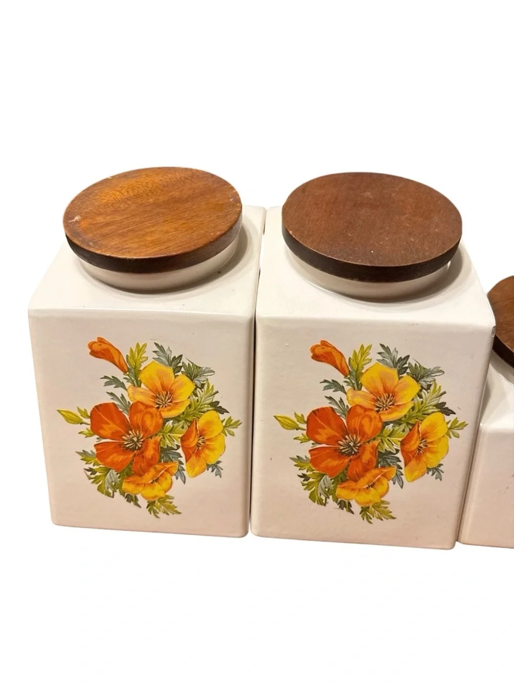 Vintage 1960s 1970s Set Of 3 Hyalyn USA Wooden Top Canister Set Grannycore